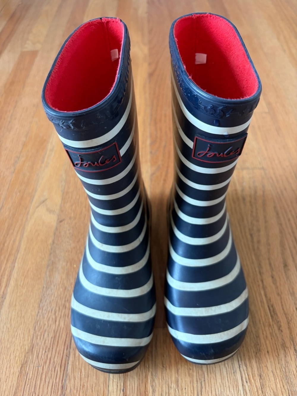 Joules Navy & White Stripe Kids Rain Boots with Red Lining